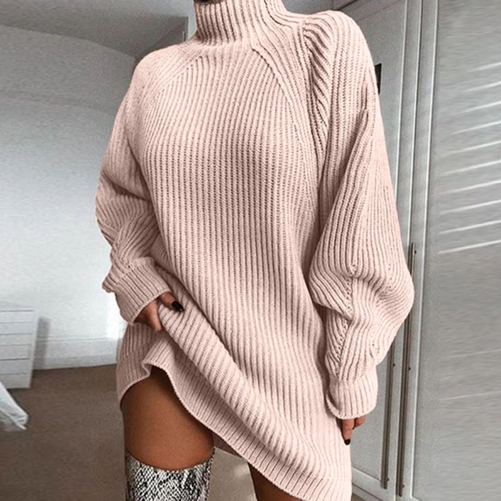 

Women's Autumn And Winter Fashion High Neck Knitted Sweater Dress Casual Solid Color Loose Long Sleeve Warm Mid Length Dress