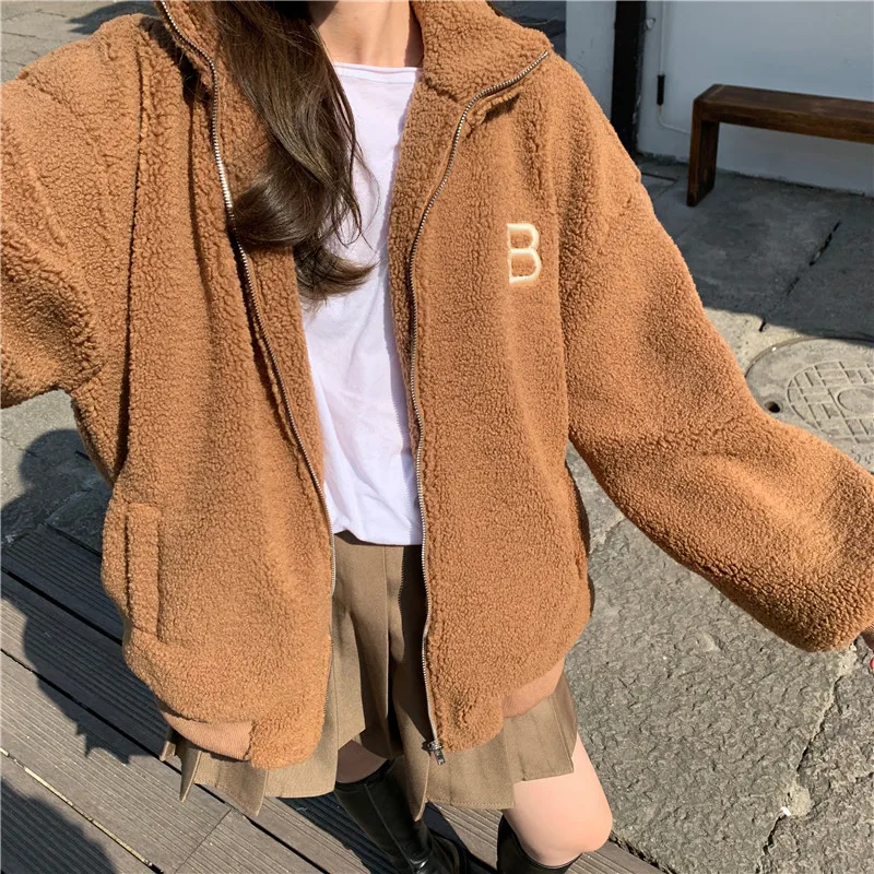 

JMPRS Winter Warm Lamb Wool Coat Women Korean Fashion Zipper Long Sleeve Jacket Female Vintage Y2k Letter Outwear Tops Mujer