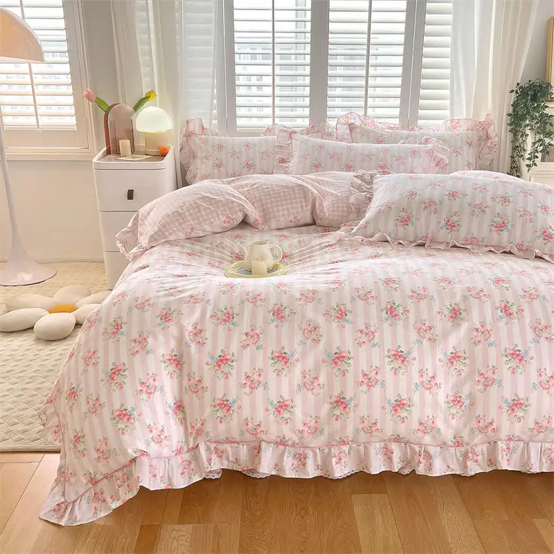 Bonenjoy Pink Color Duvet Cover with Ruffles 100%Cotton Flower Printed housse de couette for Girls Pure Cotton Bed Cover King 3
