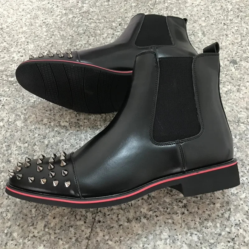 Chelsea Boots Black Rivet Punk Square Toe Slip-On Handmade Low-heeled Men Boots Business Men Shoes