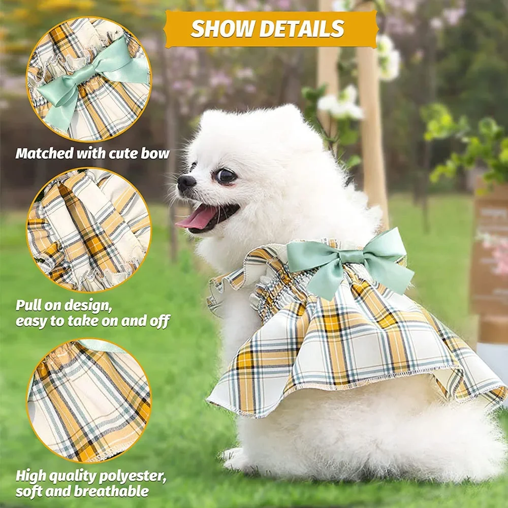 Dog Plaid Dress With Bowtie Cute Pet Skirt With Bow For Small Medium Dogs Cats Puppy Clothes Girl Princess Outfits Spring Summer