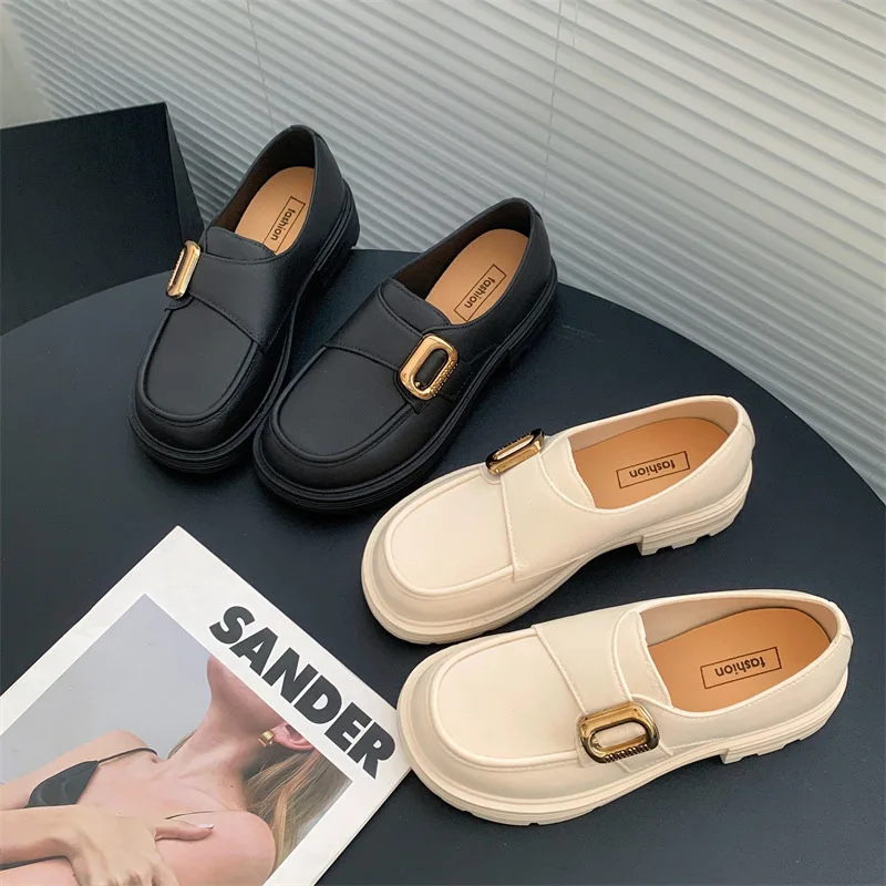 Women's Flat Bottom Slip-On Shoes Spring Autumn Low Heel Wear-Resistant Thick Bottom round Toe Single Shoes Casual Loafers