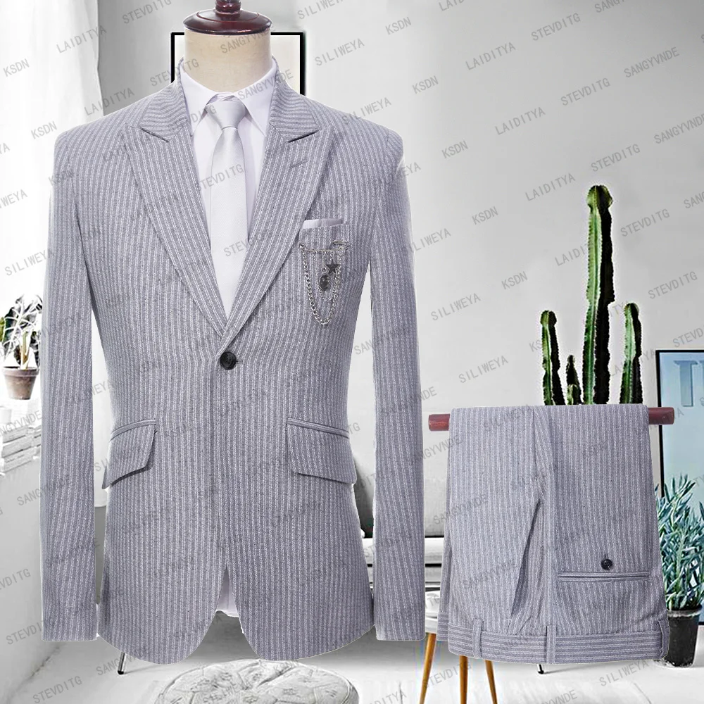 

2024 Light Grey Stripe Mens Suits 2Pieces Suit Terno Slim Fit Formal Office Wedding Groom Tuxedo Tailcoat For Male Fashion Cloth
