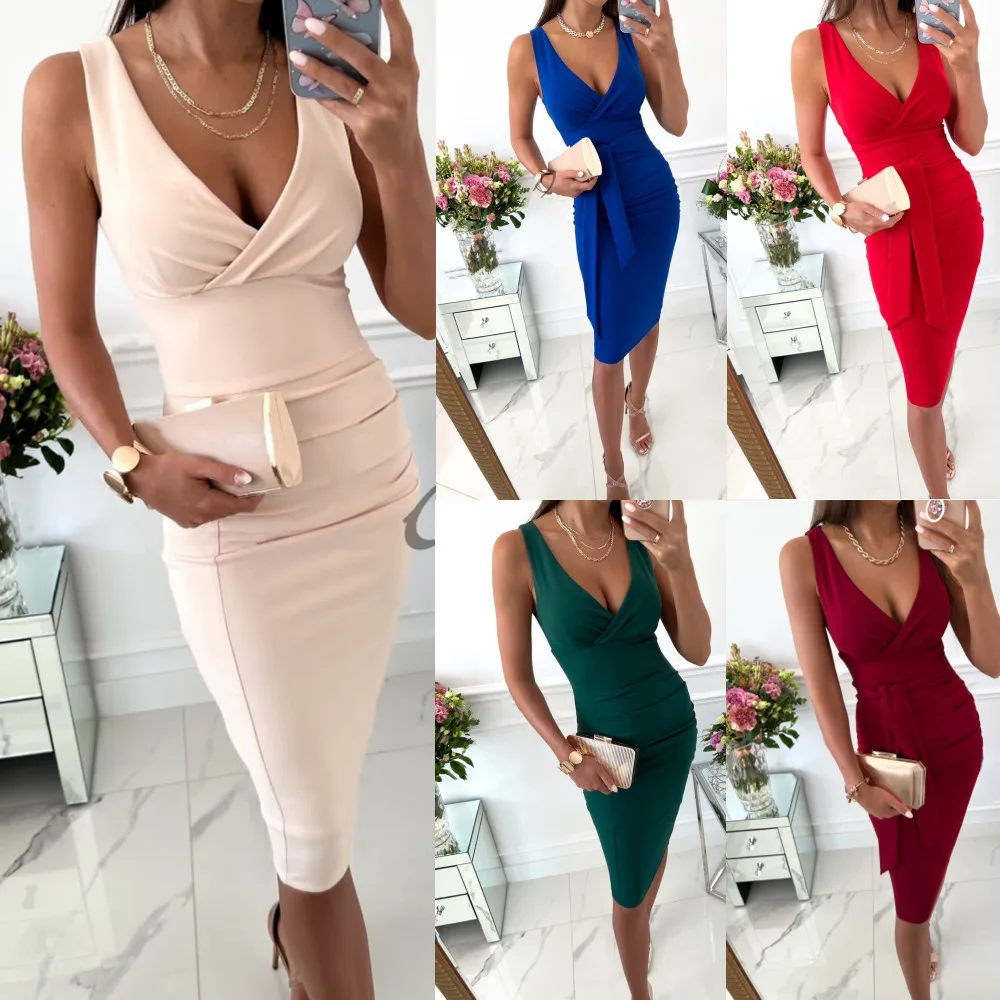 

2023 New Summer Woman Sexy Sleeveless V-neck Tight-fitting Hip-strap Dress Women's Elegant Clothing