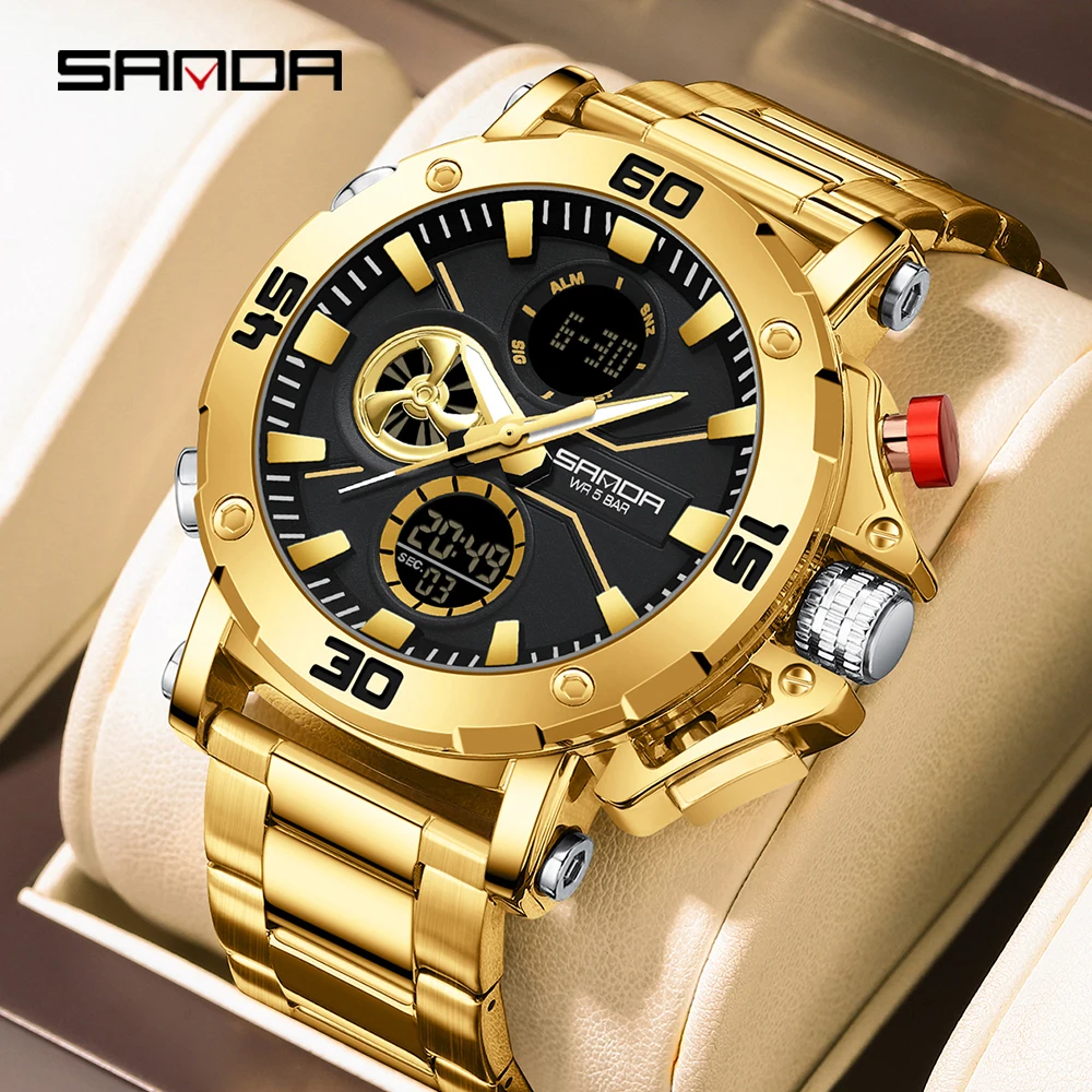 SANDA New 3350 Luxury Stainless Steel Watch Men Military Sport Quartz Waterproof Luminous Stopwatch Electronic Digital Men Watch 2