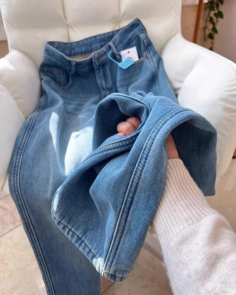 2025 Autumn/Winter Women's Jeans Vintage Narrow Fit Denim With Fleece Linings Loose Straight Wide Leg Pants 4