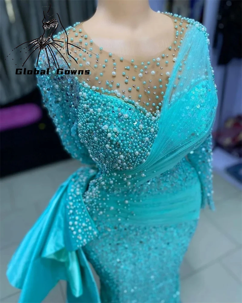 

Lake Blue Sheer O Neck Evening Dress Beaded Pearls Birthday Party Dresses Mermaid Formal Gown Pleats Robe De Bal