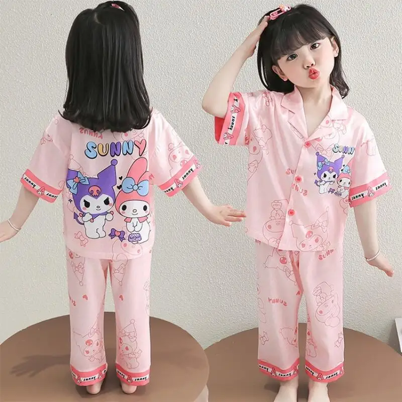 2피스 애니메이션 쿠로미 키즈 여름 아이스 실크 파자마 마이멜로디 여아 홈웨어 세트 반팔 바지 파자마 투피스 세트 선물