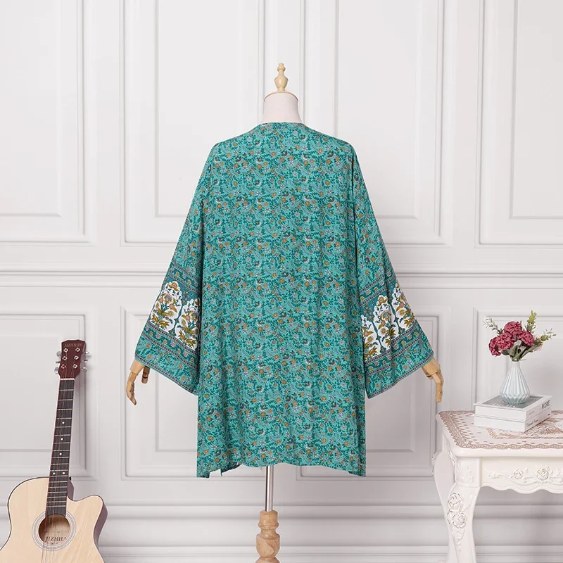 Bohemian Long Sleeve Women Cardigan Summer Open Front Floral Printed Kimono Casual Loose Beach Tops Plus Size