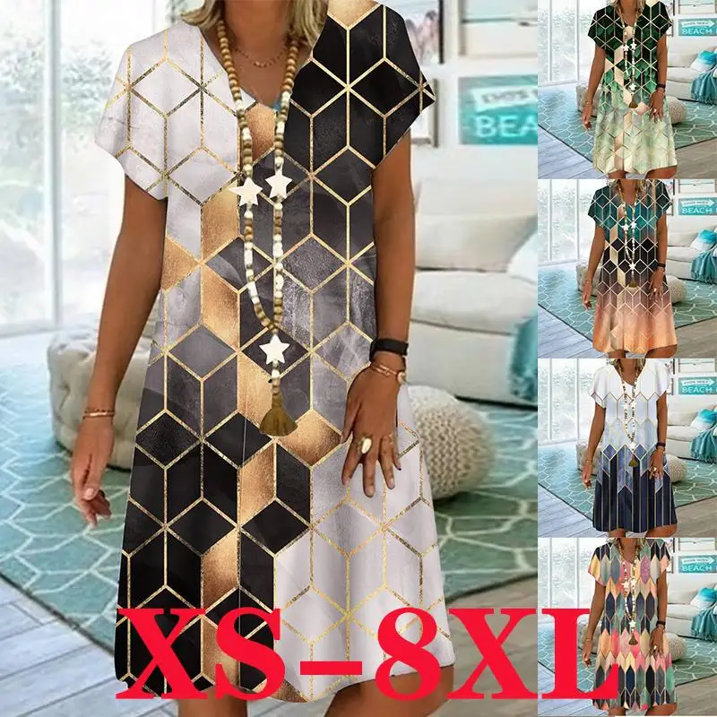 

Ladies New Party Summer Sexy Mini Dresses Printed Plus Size V-neck Dress XS-9XL