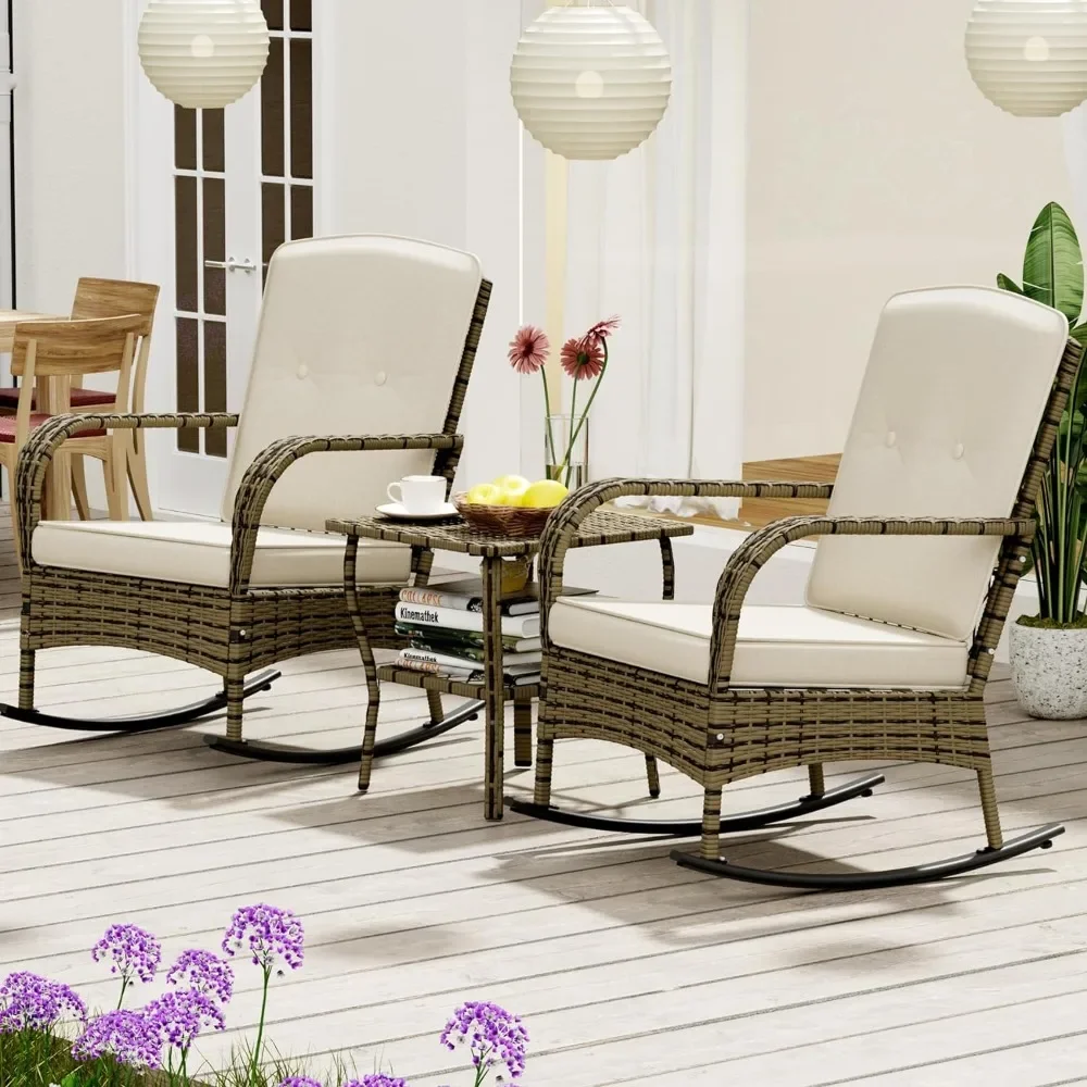 

3 Pieces Outdoor Rocking Chairs Wicker Bistro Set, Outdoor Furniture Set with Porch Chairs and Coffee Table , Beige