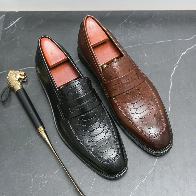 New Men Dress Shoes Brown Loafers Square Toe Slip-On  PU Business Men Shoes  Sapato Masculino