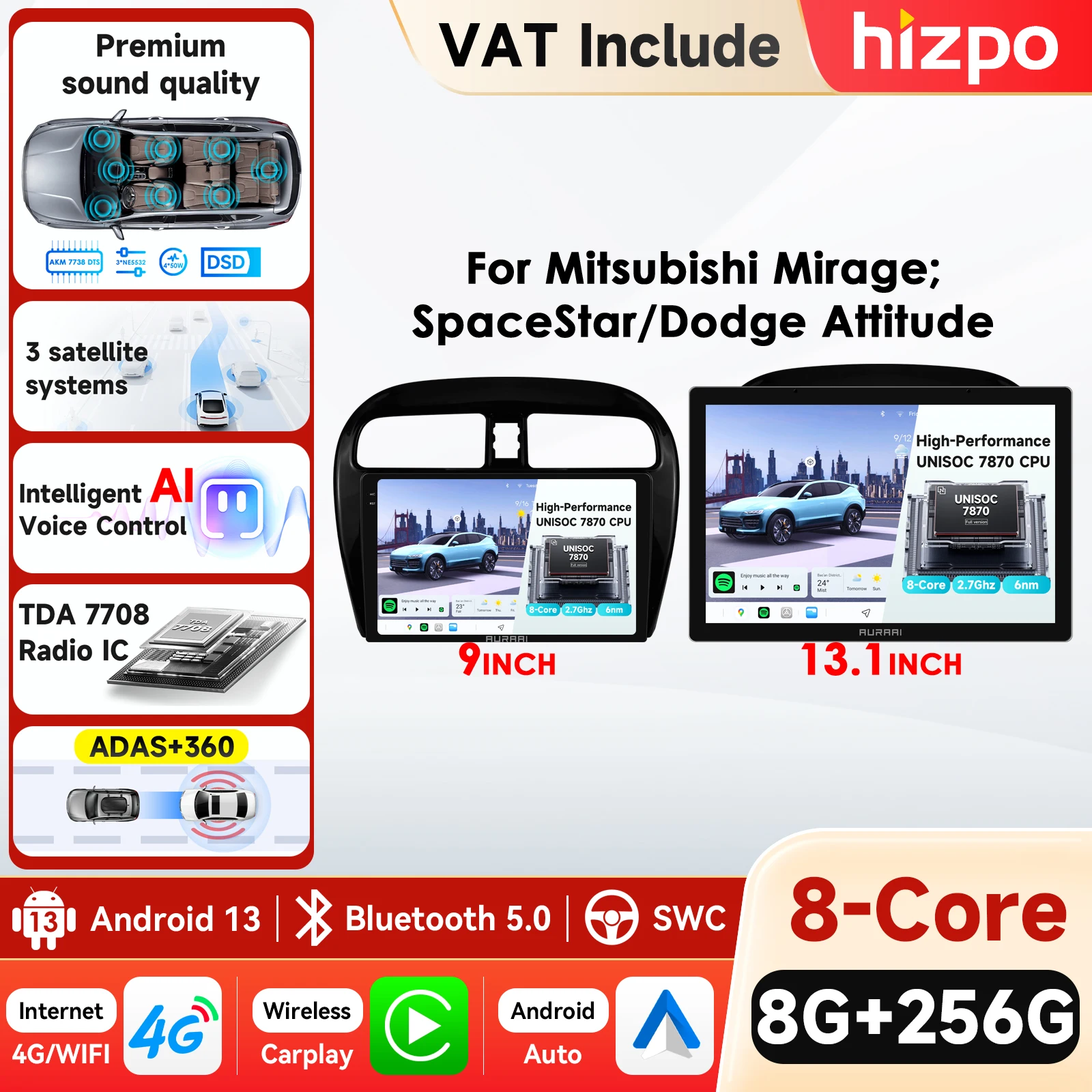 Radio samochodowe 360Cam do Mitsubishi Mirage 2012-2023 Space Star, odtwarzacz multimedialny z inteligentnym ekranem, autoradio z Carplay, 4G, GPS, BT