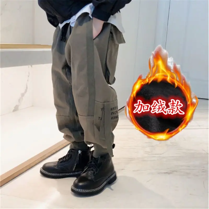 

Cool Boys' Cargo Pants Cuffed Letter Printig Elastic Waist Plush Thickened Warm Causal Fashionable 2023 Autumn 5-12 Years Old