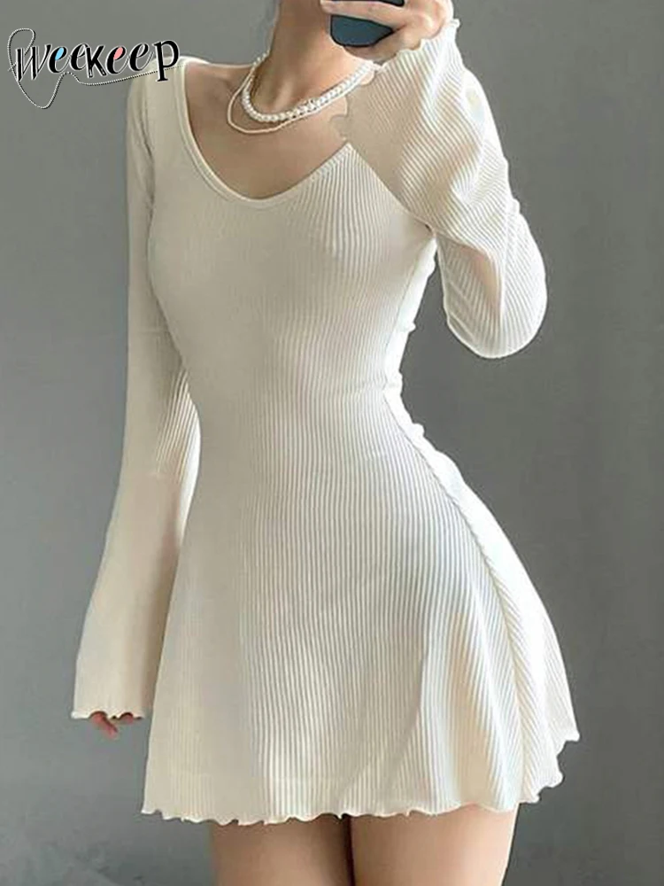 Weekeep Autumn Party Dress Solid Elegant Flared Full Sleeve Slim Knitted Mini A-line Dresses Women Clothing Korean Fashion Lady