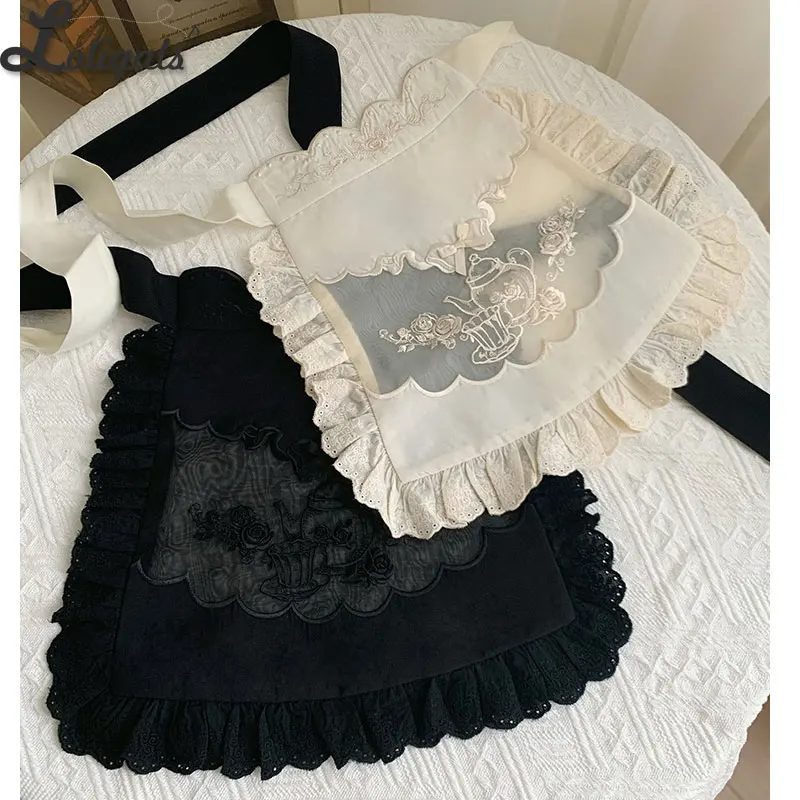 Sweet Lolita Apron Rose Flower Embroidered Organza Waist Curtain by Withpuji