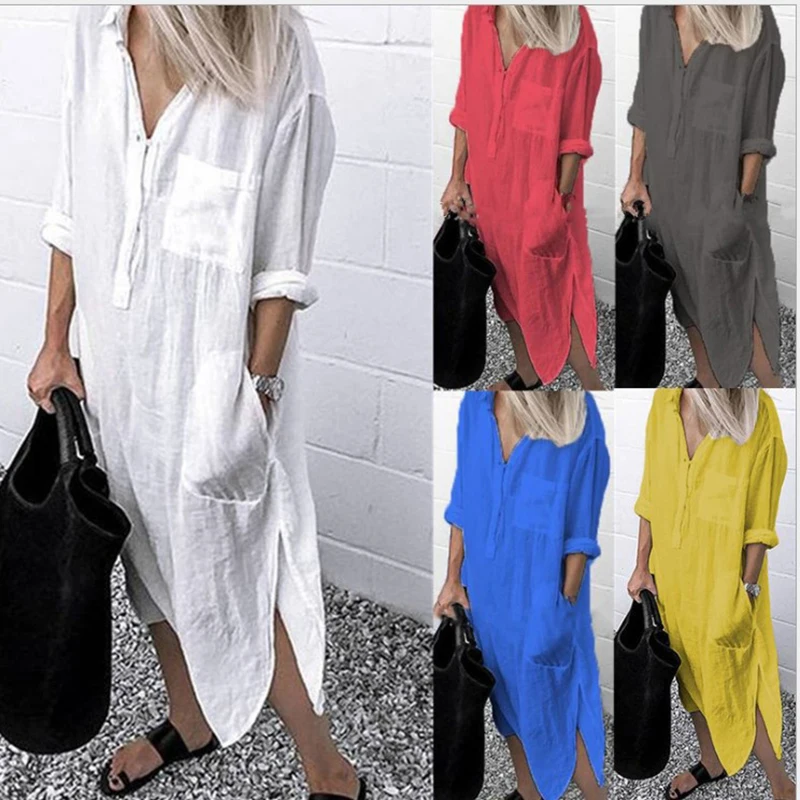 Women Dress Summer Shirt Long Dress Women Casual Long Sleeve Side Split Button Dresses Female Elegant Solid Color Pocket Loose Dresses