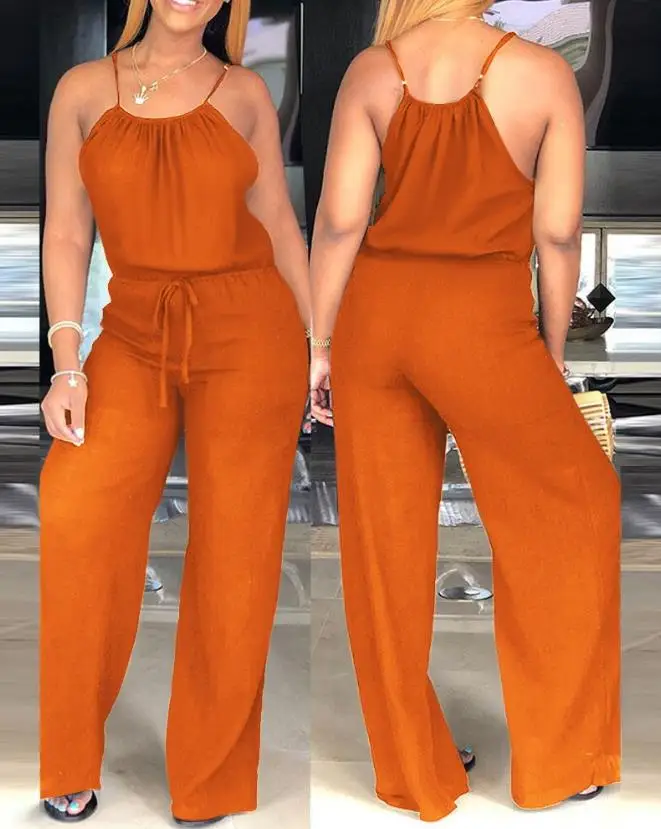 WomensJumpsuit2023SummerFashionChainStrapVNeckCasualPlain
