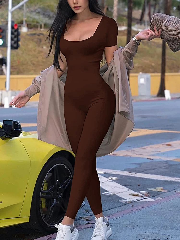 Жіночі комбінезони з коротким рукавом Однотонні вузькі облягаючі комбінезони Мода Спорт Фітнес Повсякденний активний відпочинок Вуличний комбінезон