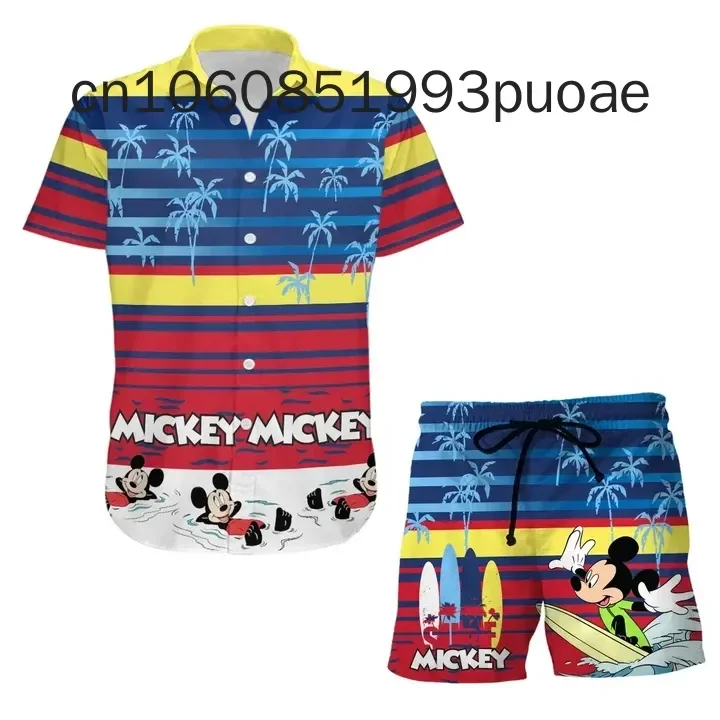 New Mickey Mouse Summer Vacation Beach Hawaiian Shirt And Board Shorts Disney Fashion Short Sleeve Shirt Set 3