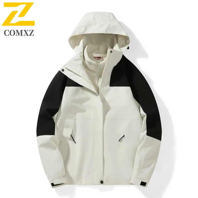 COMXZ Men's Trench Coat 3-In-1 Multi Pocket Hooded Hiking Travel Rainproof Coat Climbing Breathable Wear Resistant Outerwear
