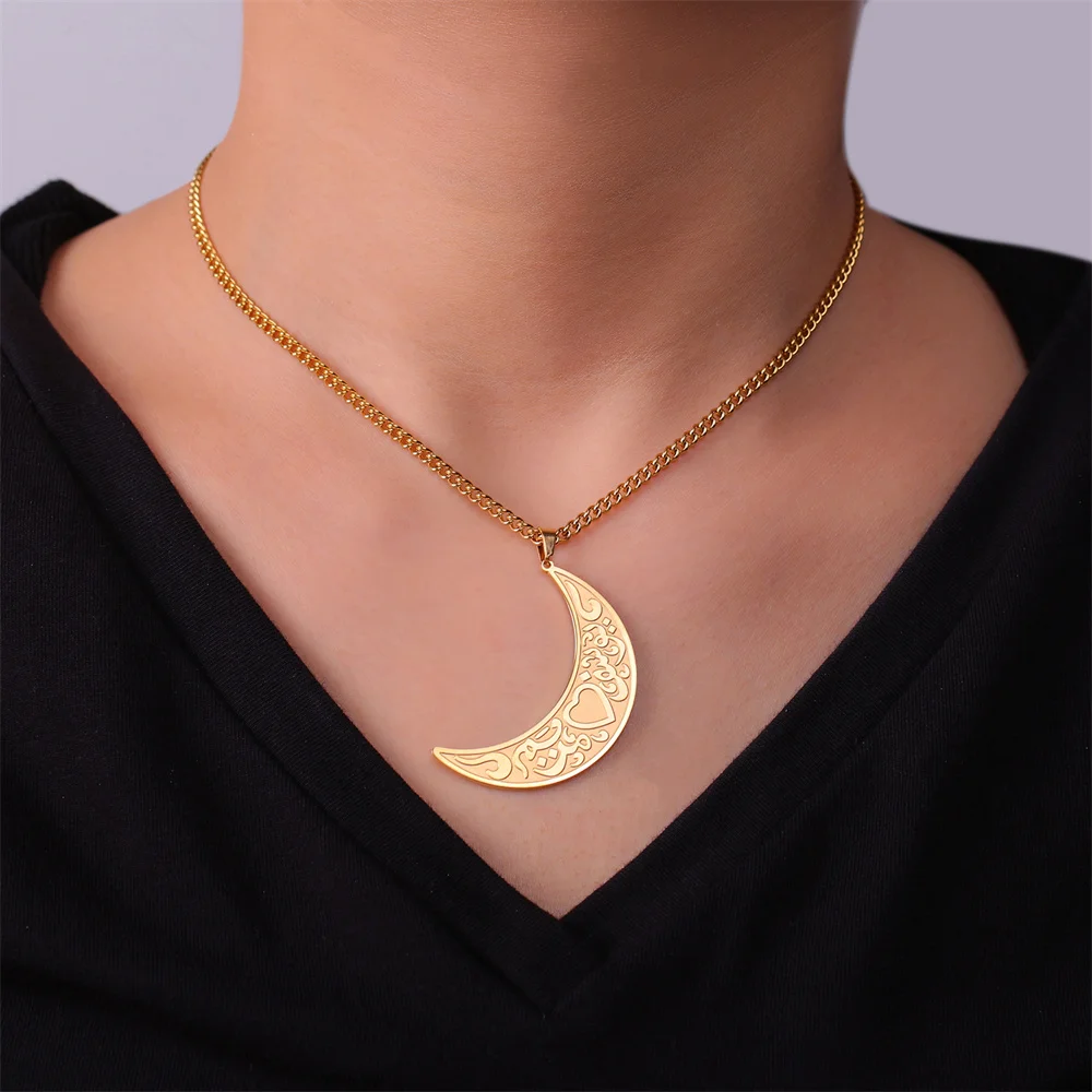 Collana con ciondolo a forma di runa della luna crescente del Corano in arabo islamico Eueavan, in acciaio inossidabile, con collane musulmane Allah, gioielli religiosi_voghion.com