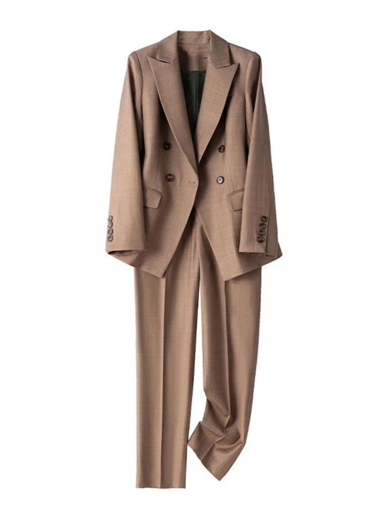 [LANMREM] Office Lady Suits Set Women Double Breasted Gathered Waist Fit Blazers High Waist Straight Slim Pants 2024 New 26D9063