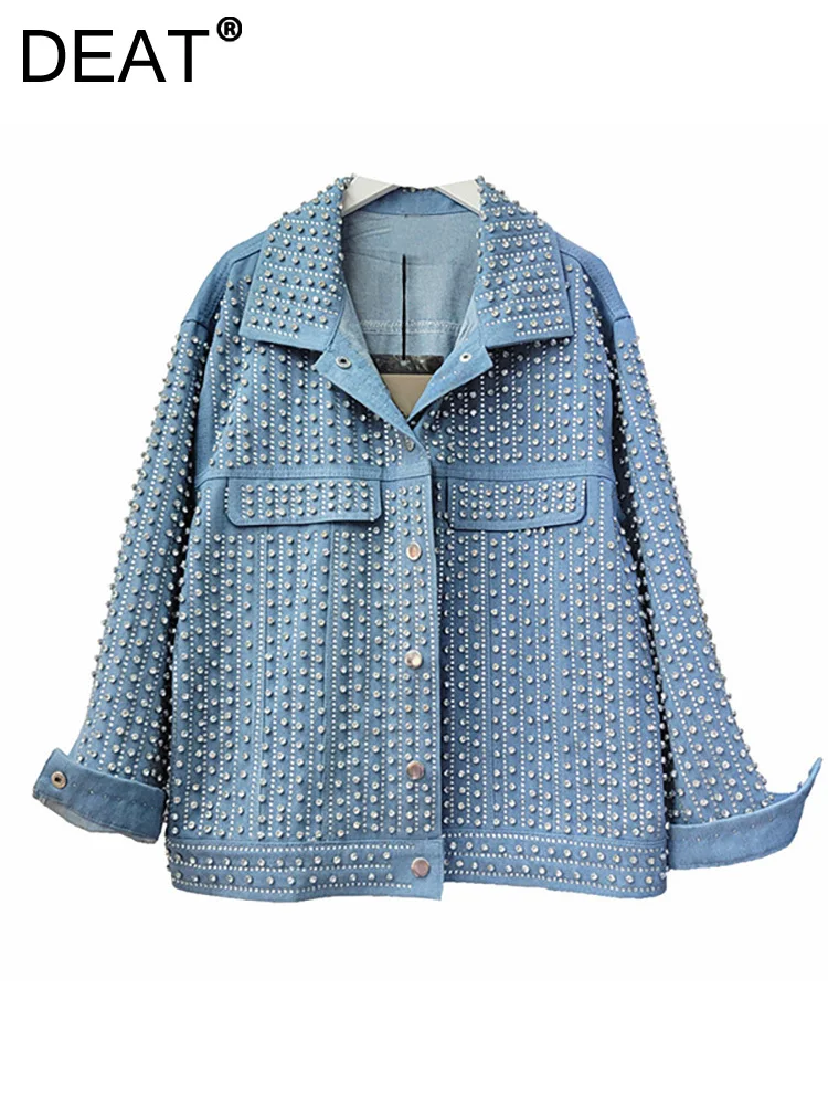 

DEAT Women's Denim Coat Full Diamonds Striped Single Breasted Long Sleeve Loose Blue Jackets 2023 Autumn New Fashion 29L2110