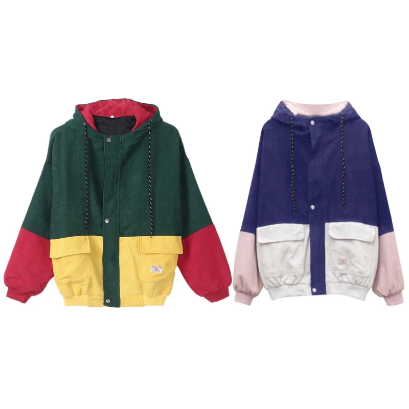 

Women Unisex Patchwork Corduroy Hooded for JACKET Hip Hop Coat Overs