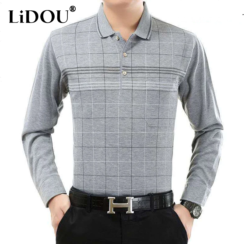 2023 Autumn Business Casual Street Intellectual Neat Capable Vintage Polo Shirt Plaid Cotton Stand Collar Long-sleeve Top Men