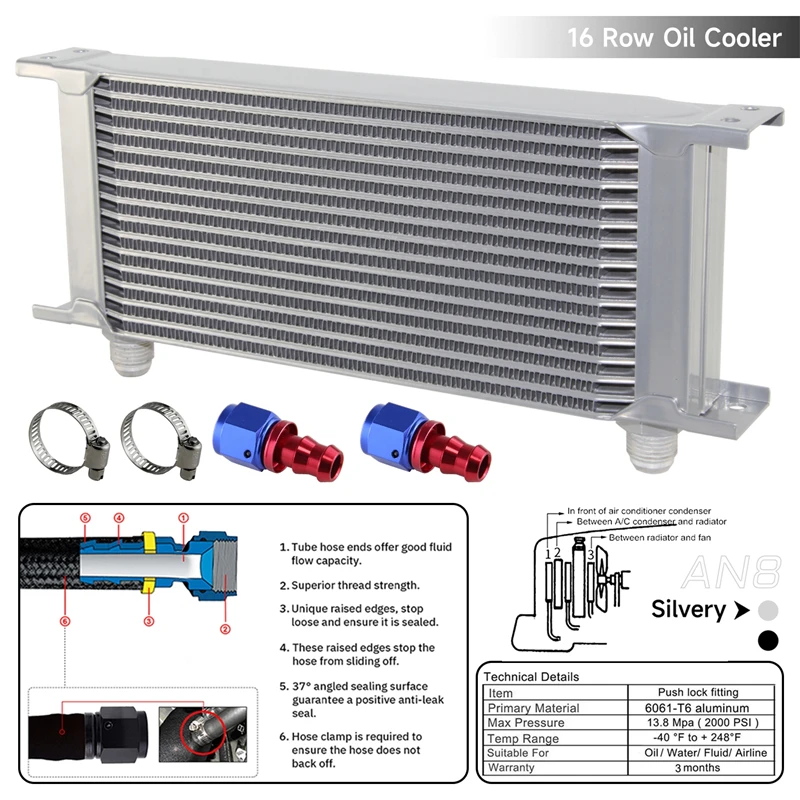 

16 Row 8AN Universal Engine Oil Cooler 3/4"UNF16 + 2pcs AN8 Straight Fittings