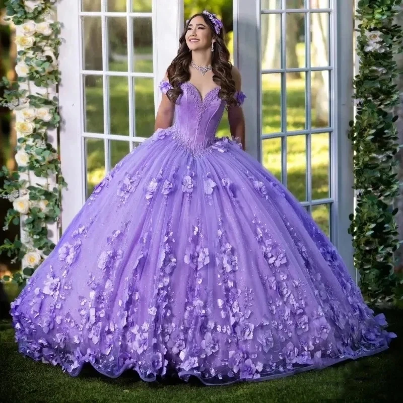 Customize Glittering Lavender Plus Blue Quinceanera Dresses Beading 3D Flower Cinderella 16 Princess Gowns Vestidos De 15 Anos