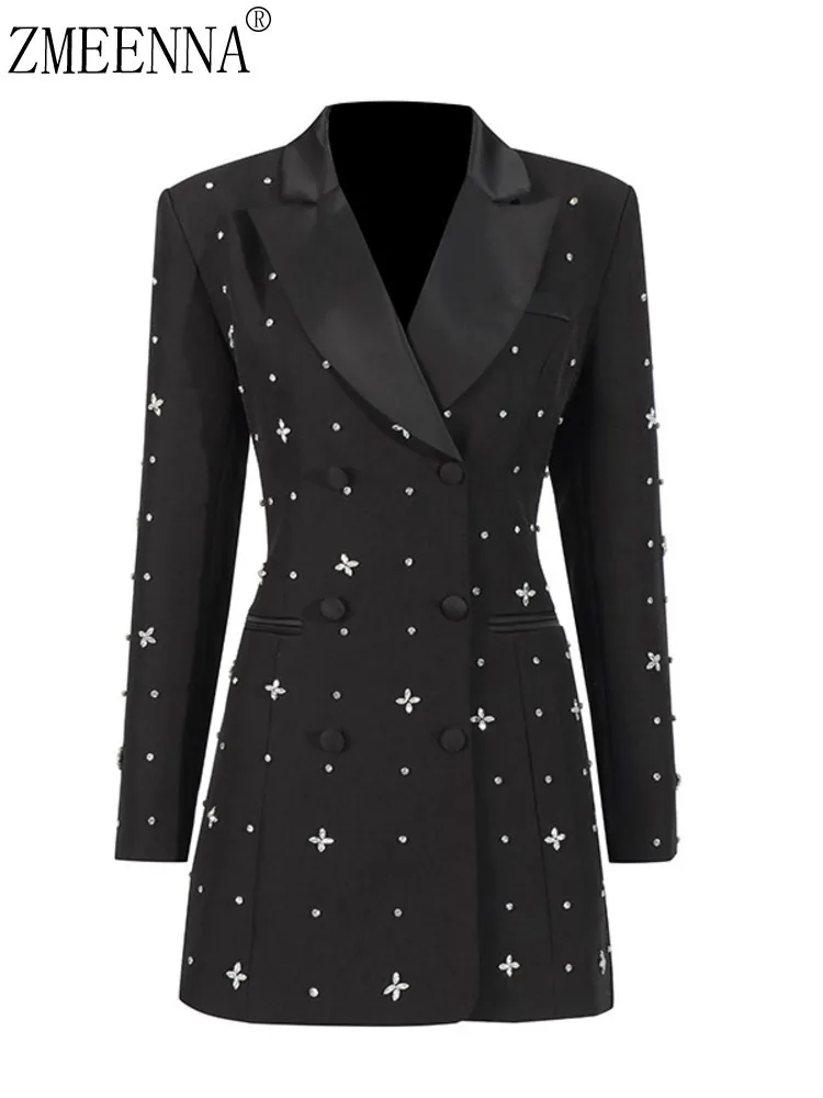 ZMEENNA 2025 Black Double Breasted Blazer With Rhinestone Floral Accents Trendy Jacket For Women Perfect Luxury Fashion ZM622