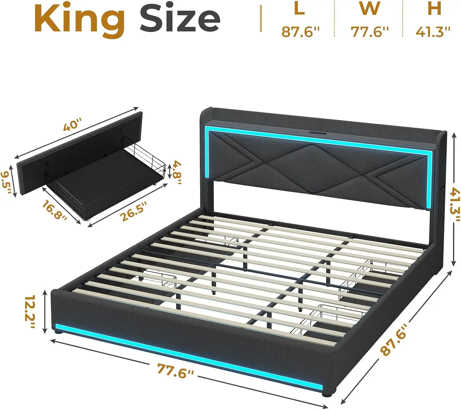 King Size LED Bed Frame with Storage Headboard and Charging Station, Upholstered King Platform Bed Frame Dark Grey 2
