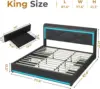 King Size LED Bed Frame with Storage Headboard and Charging Station, Upholstered King Platform Bed Frame Dark Grey 2
