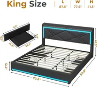 King Size LED Bed Frame with Storage Headboard and Charging Station, Upholstered King Platform Bed Frame Dark Grey 2