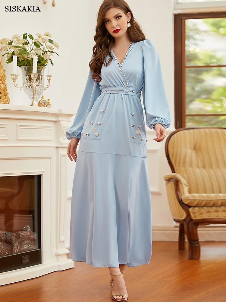 

Siskakia Rhinestones Flower Bead Maxi Dress Swing Light Blue Cross V Collar Puff Sleeve Moroccan Caftan Elegant Ladies Clothes