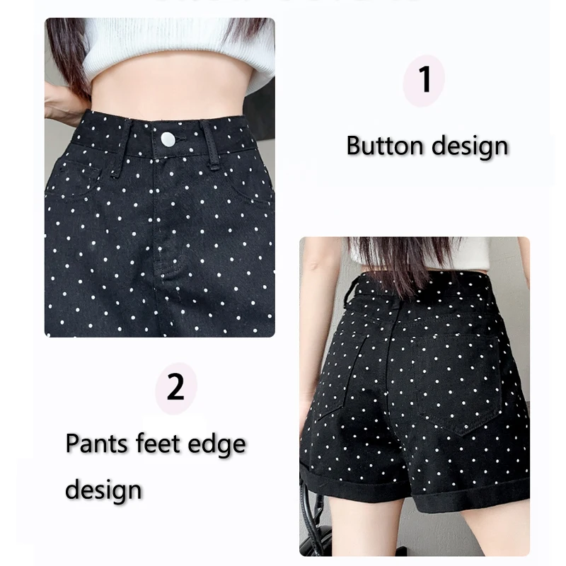 웨이브 도트 프린트 데님 반바지, 하이웨이스트 와이드 레그 데님 팬츠, 여성 패션, 블랙, 화이트, 핑크, 여름, 2024 신상