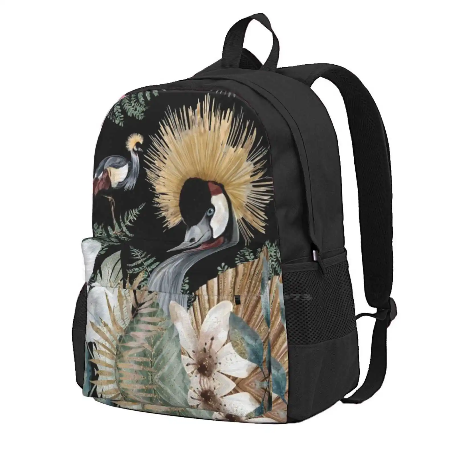 

African Grey Crowned Crane , Bold And Bright , Golden Crested Crane , With Watercolor Florals And Gold Accents School Bags For