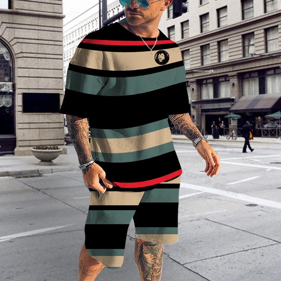 Summer Fashion T-Shirts Set Stripe 3D Printed Tracksuit Jogging Sports Oversized Casual Breathable Outfit  Outdoor Men Suit