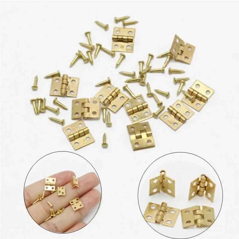 Door Hinges 60Pcs/lot 8x10mm Copper Super Mini Folding Hinge Wooden Jewelry Box Hinge Fittings Dollhouse Wood Door Butt Hardware Nail