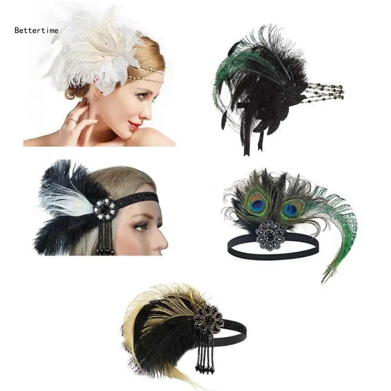 

B36D Элегантная повязка на голову 1920-х годов с перьями и бусинами, головной убор с цветком, вечеринка, сцена