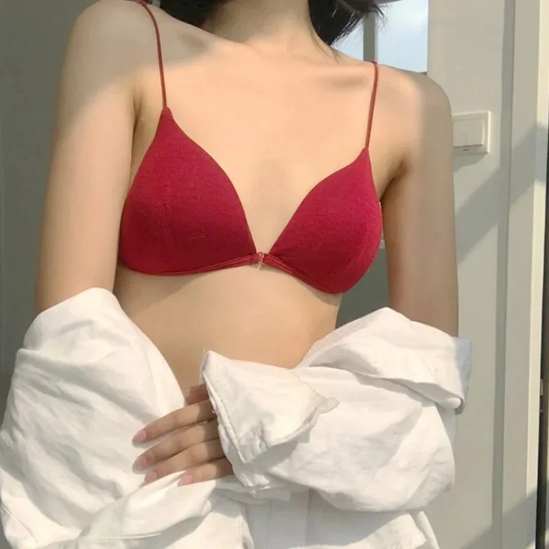 Sexy Thin Suspender Front Button Beautiful Back Bra Neck Triangle Cup Bras Front Buckle Design Lady Straps Wire Free Bralette