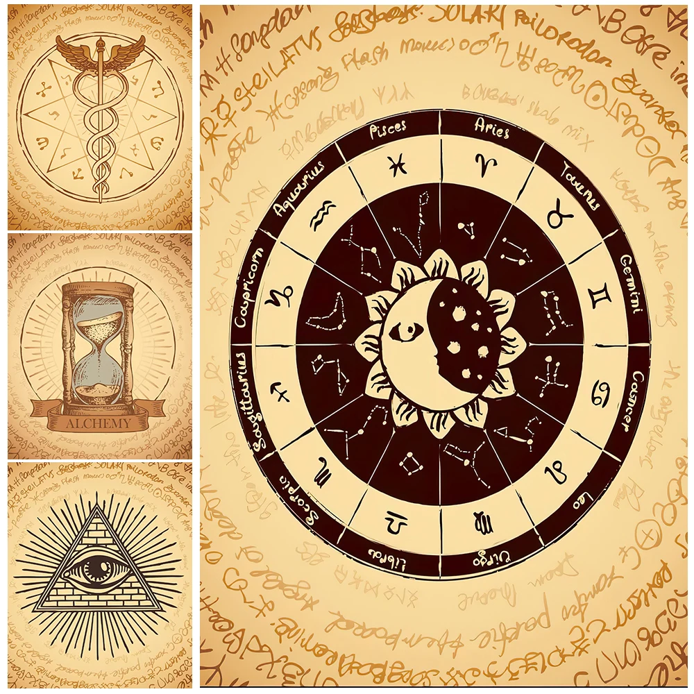 

Hourglass Of Time Vintage Mysterious Art Print Zodiac And Holy Eyes Wall Art Canvas Painting Abstract Retro Wicca Poster Print