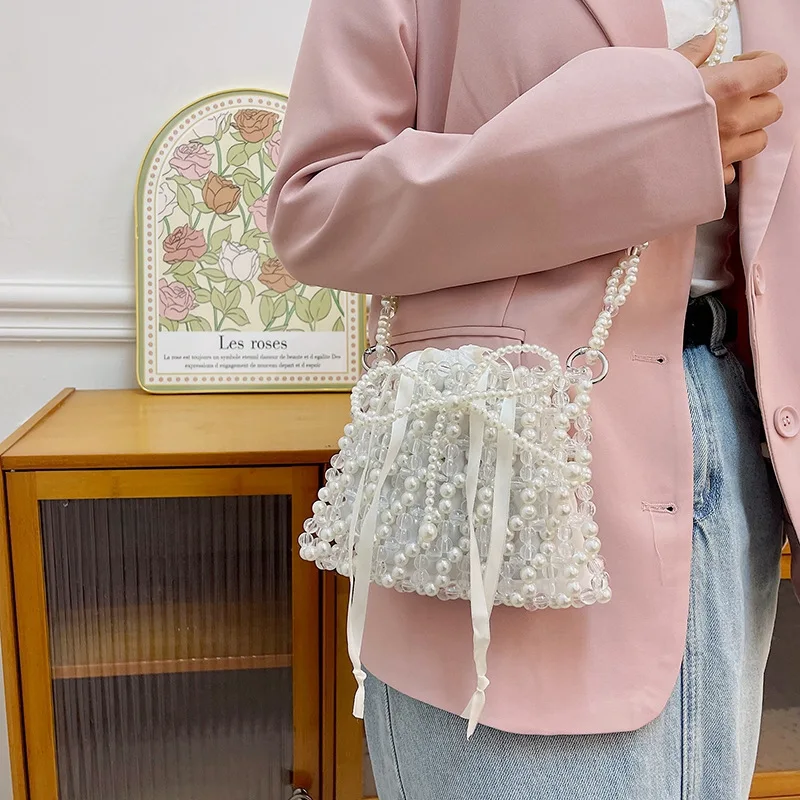 

Summer Fairy Bag 2024 New Pearl Chain Ins Fashion Hollow Woven Crossbody Bags for Women Purses and Handbags