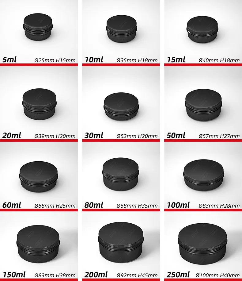 

30Pcs/LOT 5g 10g 15g 30g 50g 60g Empty Black Aluminum Tins Cans Screw Top Round Candle Spice Tins Cans with Screw Lid Containers