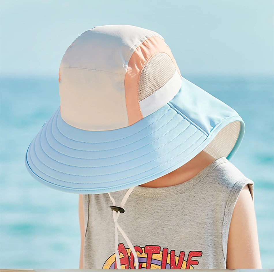Sommer Baby Sonnenhut mit Nackenklappe und breitem Riemen, Strandhüte, Kinder-Eimerhut, UV-Schutz, Panama-Kappe für Jungen und Mädchen_voghion.com