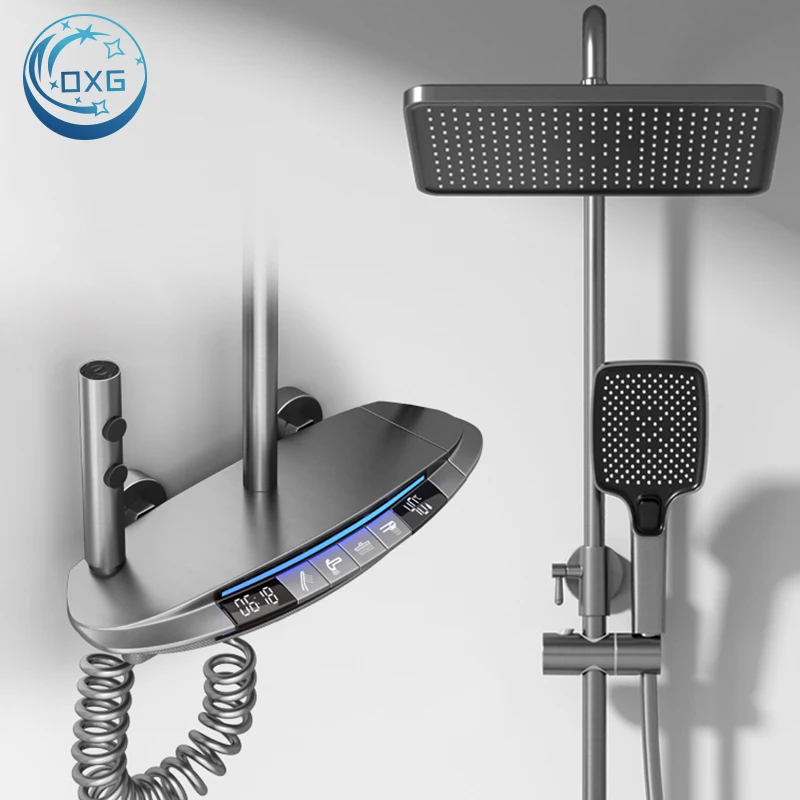 OXG New Brass Bathroom Shower Faucet Thermostatic Digital Display Shower Set, Rain Shower Faucet、Ambient Light、Waterfall Spout
