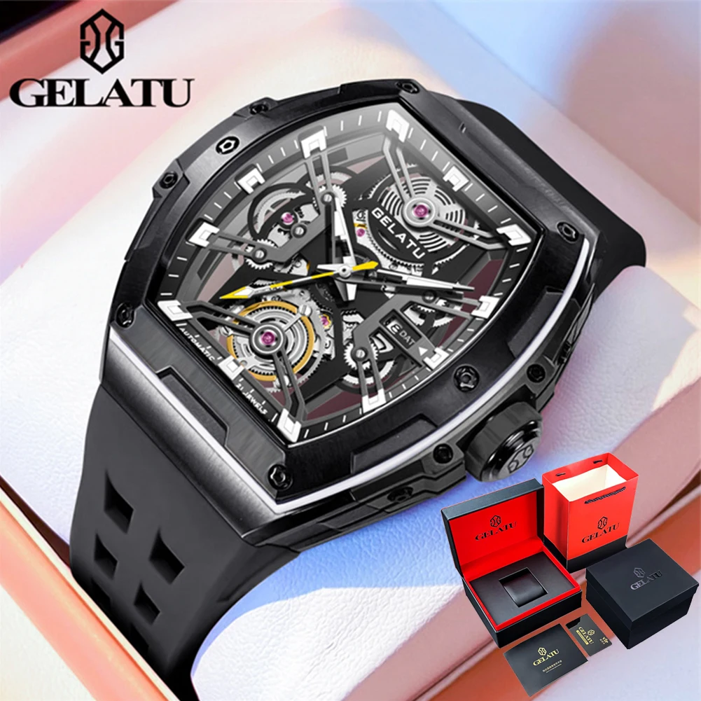 

GELATU 3D Hollow Luxury Automatic Mechanical Watch for Men Tonneau Big Dial Men's Wristwatches Silicone Strap Man Sports Watch