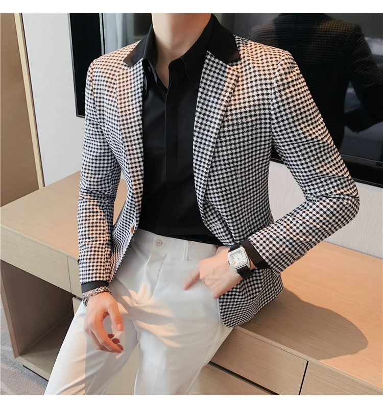 High Quality Suit Men's British Style Slim Elegant Fashion Business Casual Dress Tuxedo Spliced Collar Plover Case Blazer Jacket